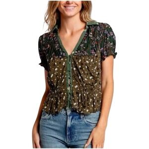 Free People Bella Button Up Floral Puff Sleeves Boho Shirt Top Sz SP
